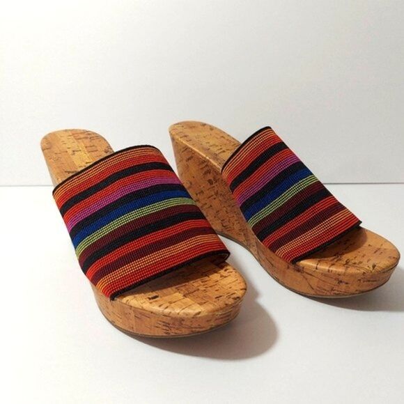 MONTEGO Bay Womens Size 6.5 Wedge Sandal Striped Rainbow Slip On Heel Colorful - Picture 9 of 11
